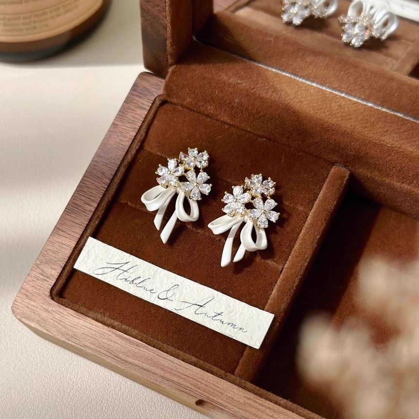 Earring Flower Drop Rhinestone Bow
