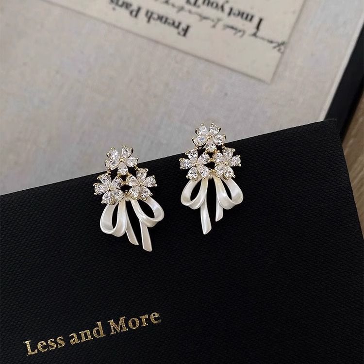 Earring Flower Drop Rhinestone Bow