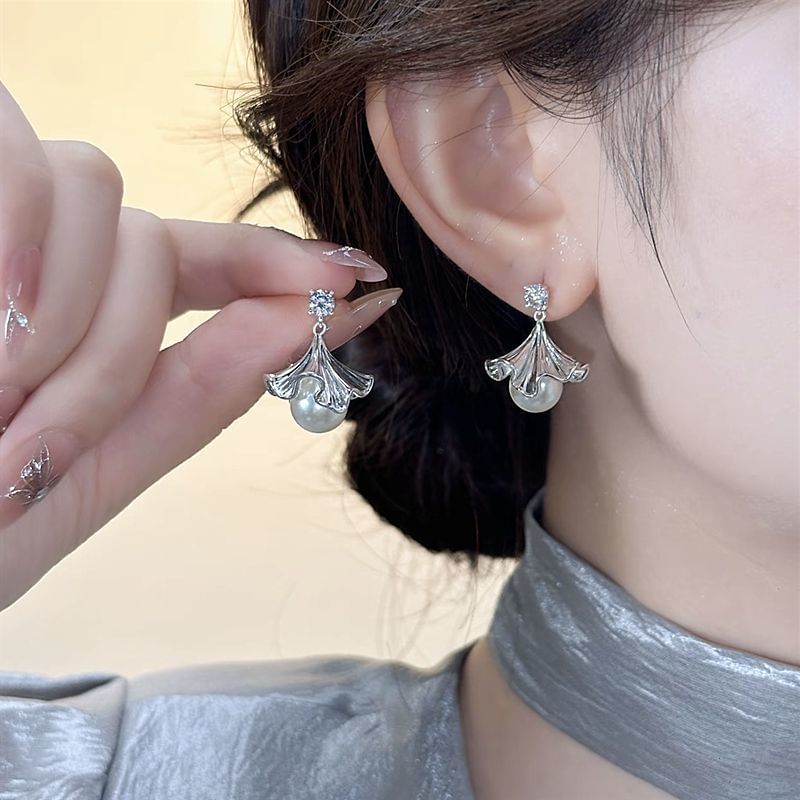 Pearl Ginkgo Earring Rhinestone Drop Faux