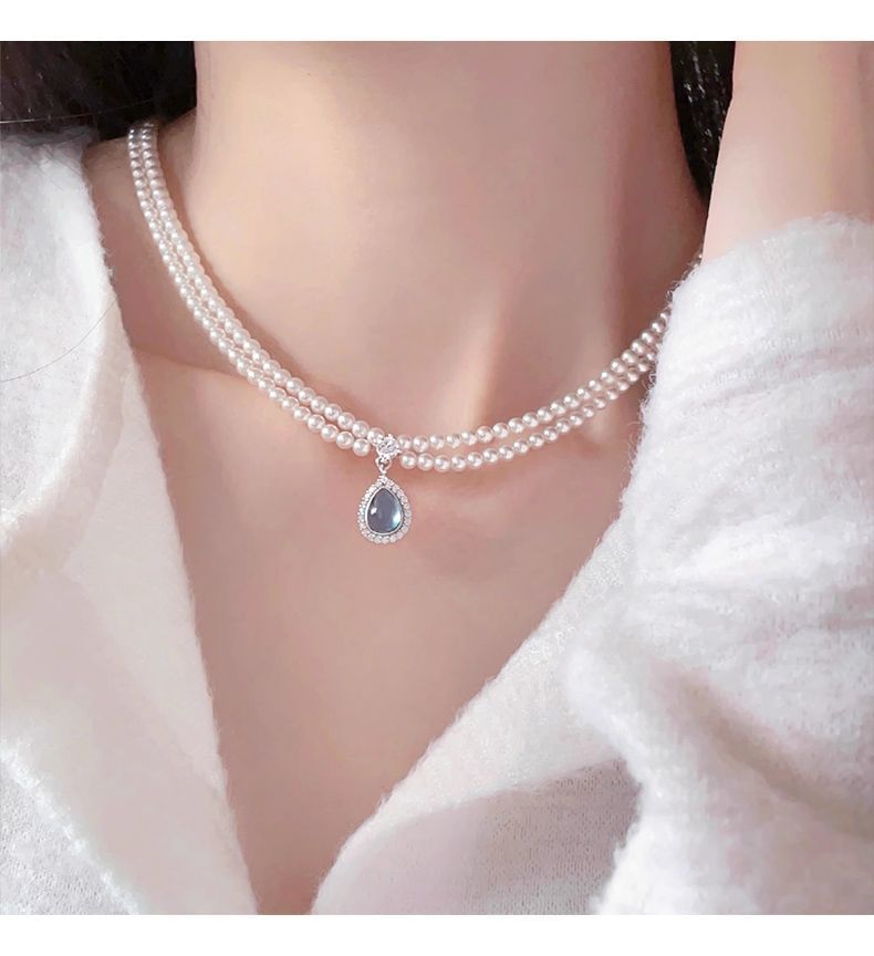 Layered Pearl Pendant Gemstone Faux Necklace