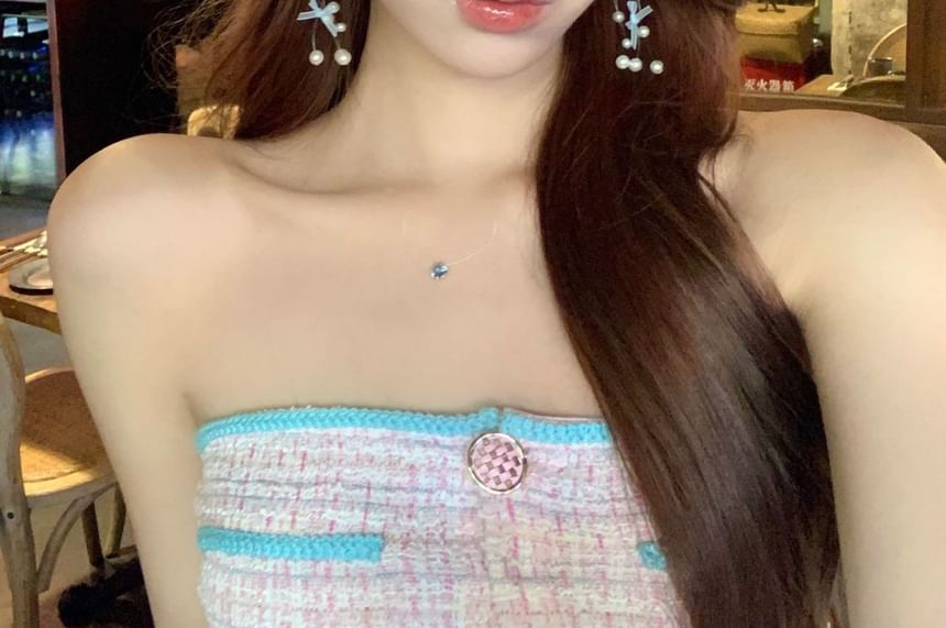 Faux Earring Pearl Bow Fringed Drop