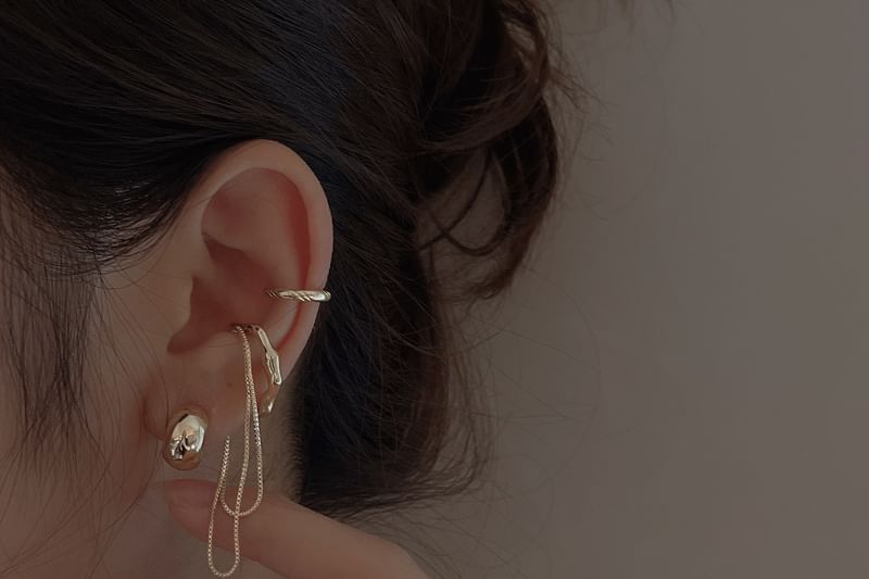 Cuff Ear Hoop Chain Set: Silver + Sterling Plain Earring 925