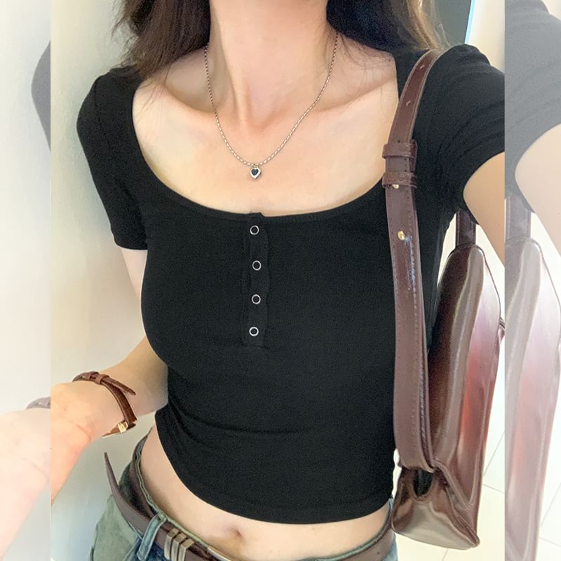 Crop Neck Short-Sleeve Henley Plain Scoop Top