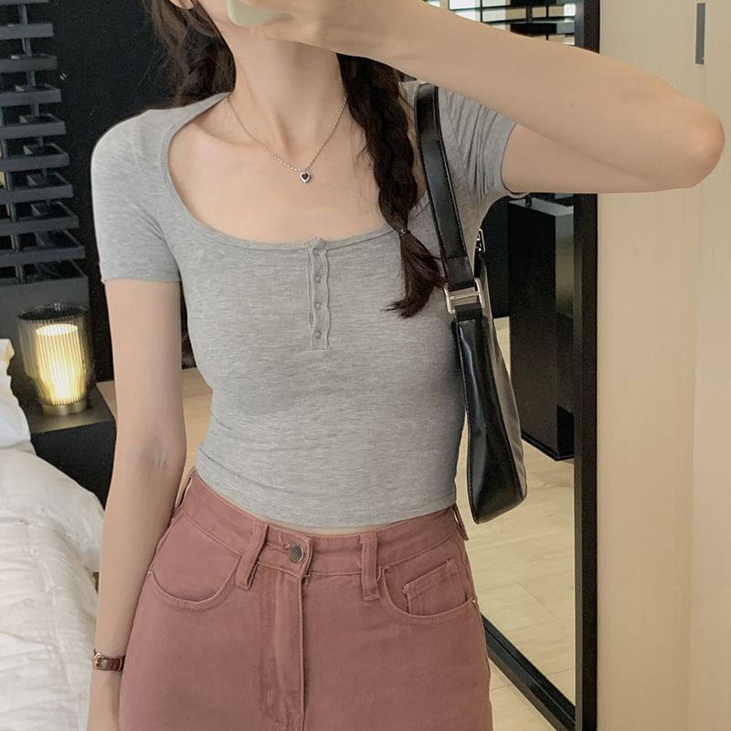 Crop Neck Short-Sleeve Henley Plain Scoop Top