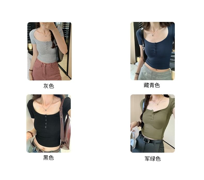 Crop Neck Short-Sleeve Henley Plain Scoop Top