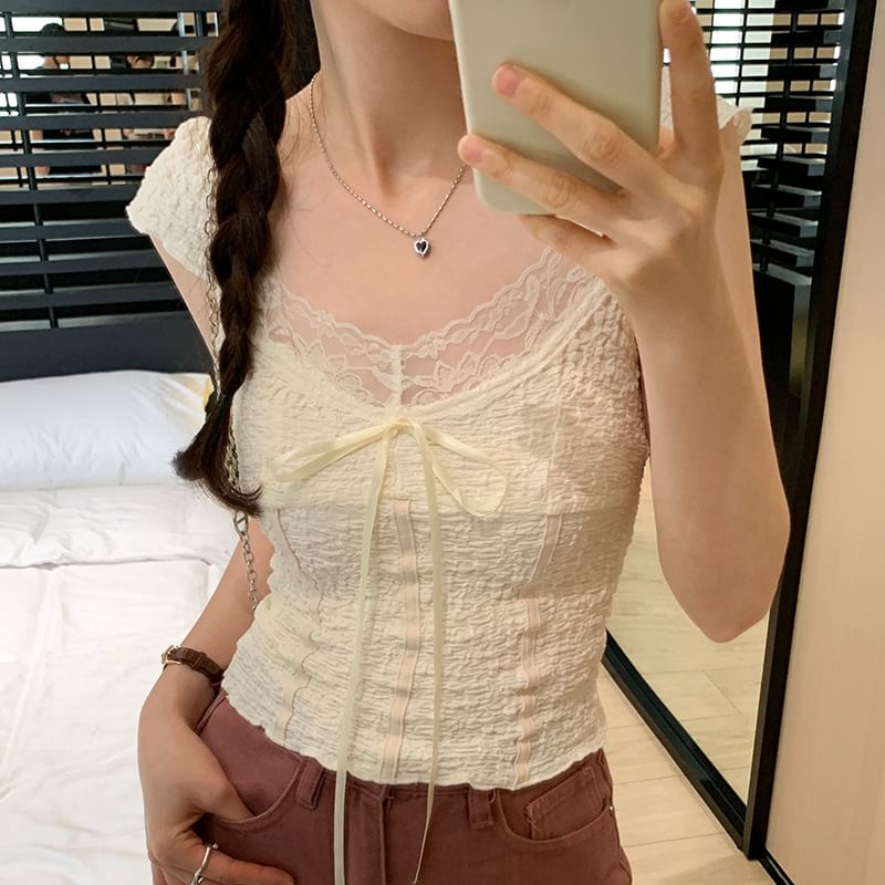 Top Lace V-Neck Cap-Sleeve Crop