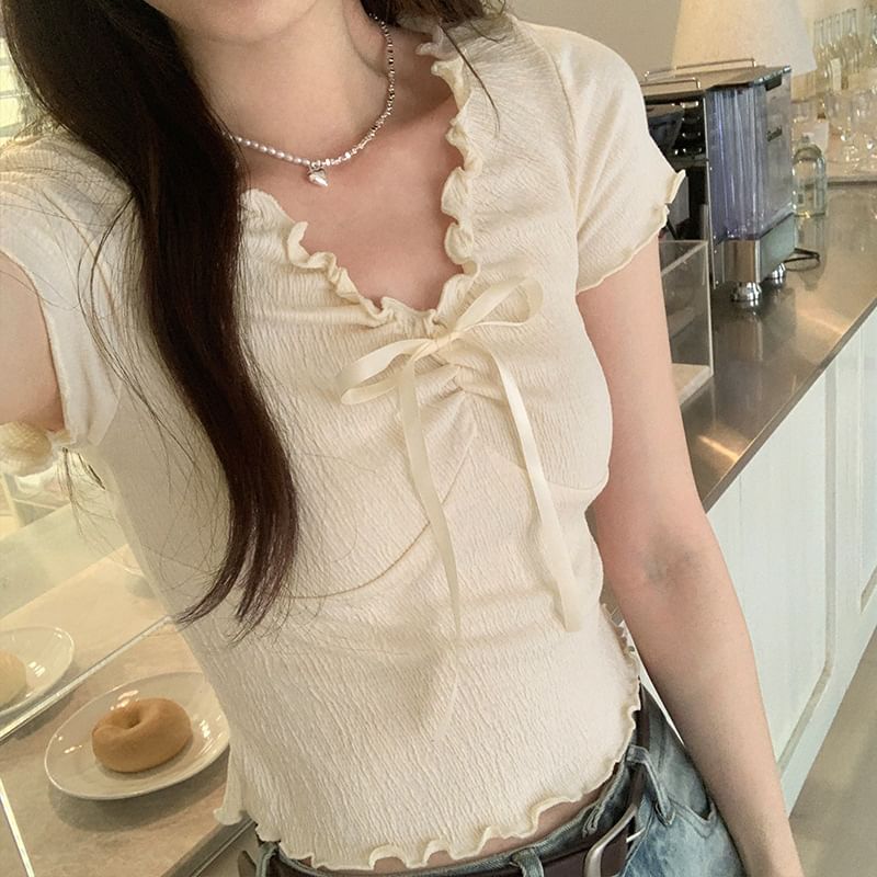 Short-Sleeve Lace Crop Top V-Neck