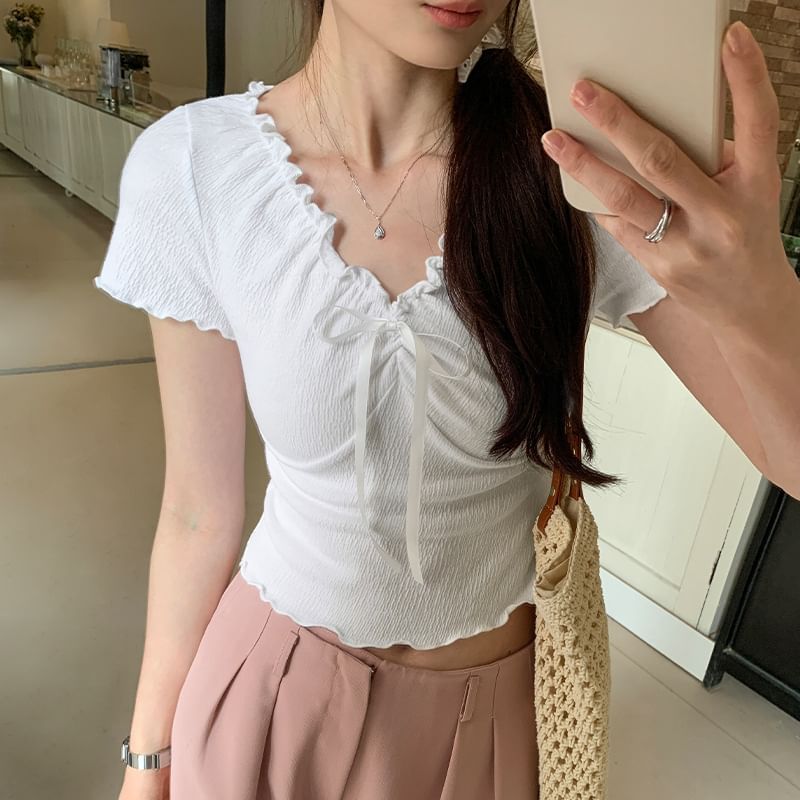 Short-Sleeve Lace Crop Top V-Neck