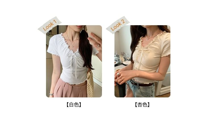 Short-Sleeve Lace Crop Top V-Neck