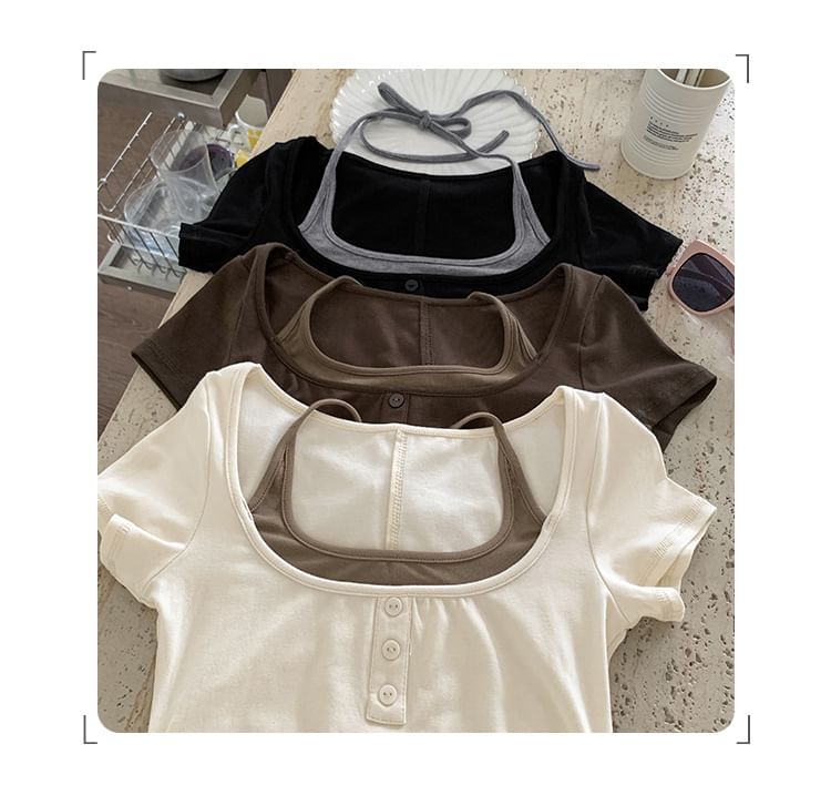 Mock Tone Two-Piece Two Top Short-Sleeve