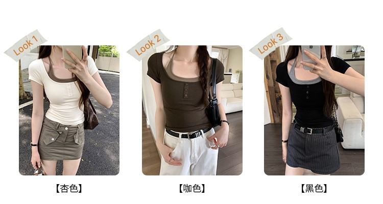 Mock Tone Two-Piece Two Top Short-Sleeve