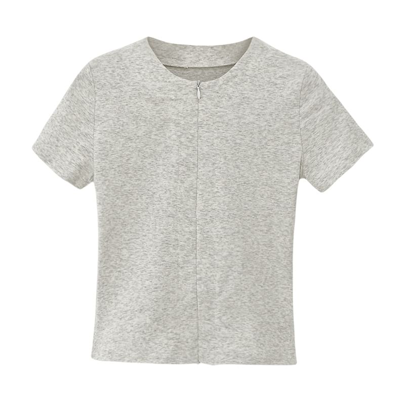 Knit Top Plain Zip-Up Short-Sleeve