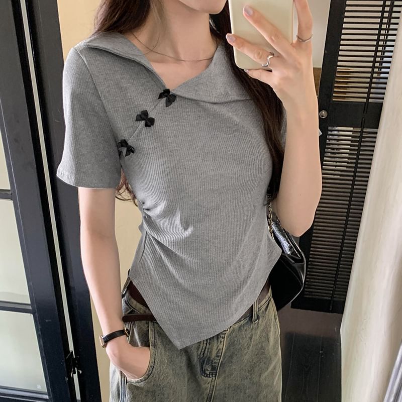 Plain Asymmetrical Top Short-Sleeve