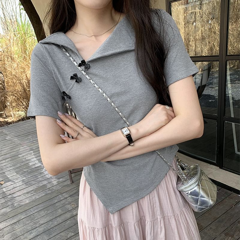 Plain Asymmetrical Top Short-Sleeve