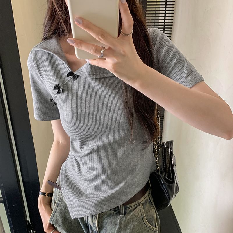 Plain Asymmetrical Top Short-Sleeve