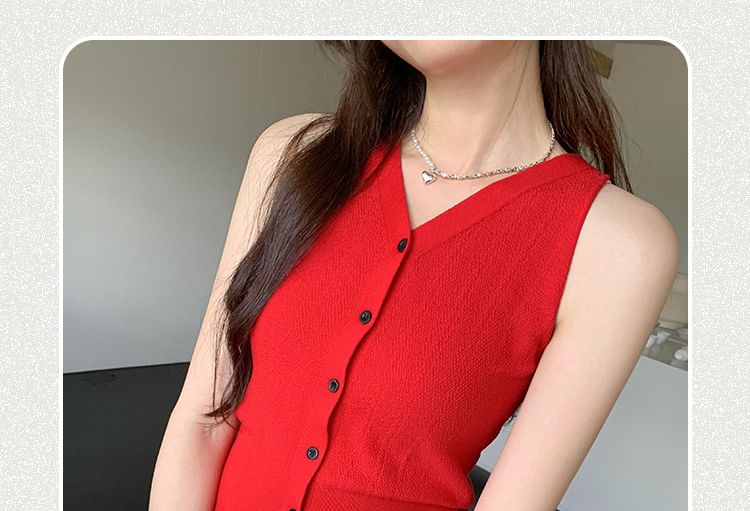 V-Neck Sleeveless Button-Up Plain Top