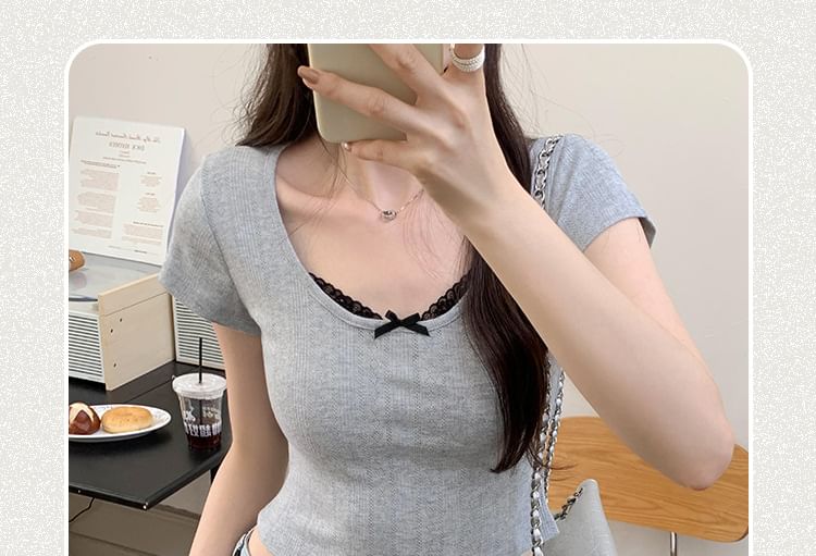 Scoop Top Sleeve Neck Trim Short Crop Lace