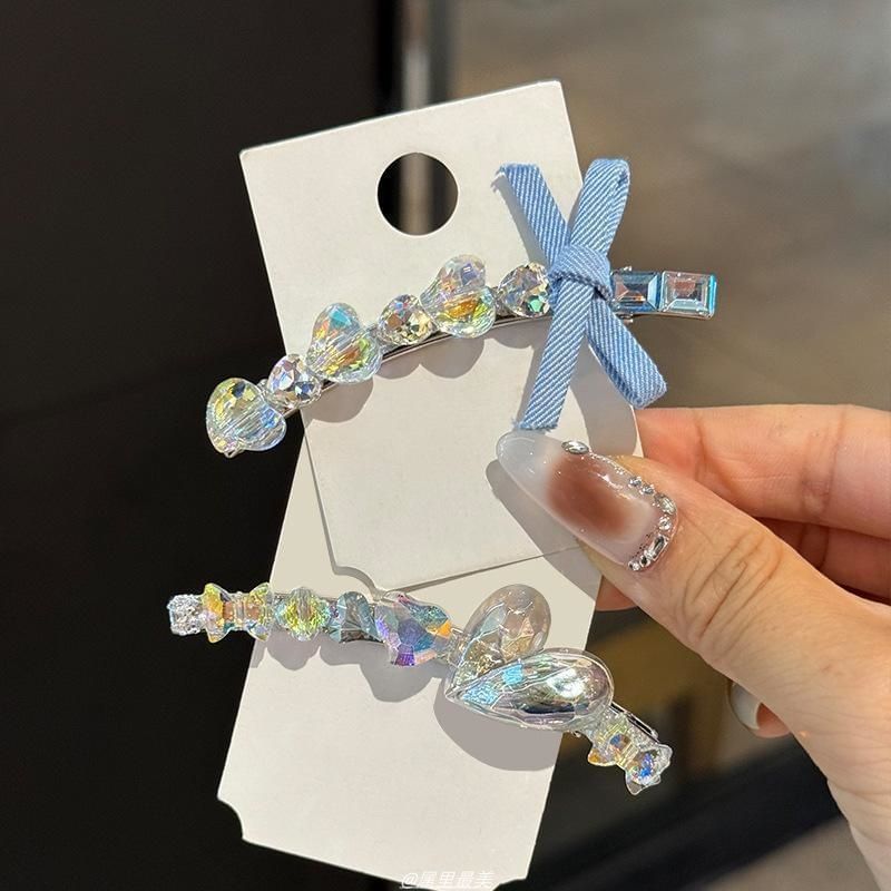 Faux Hair Clip Ribbon Crystal Heart