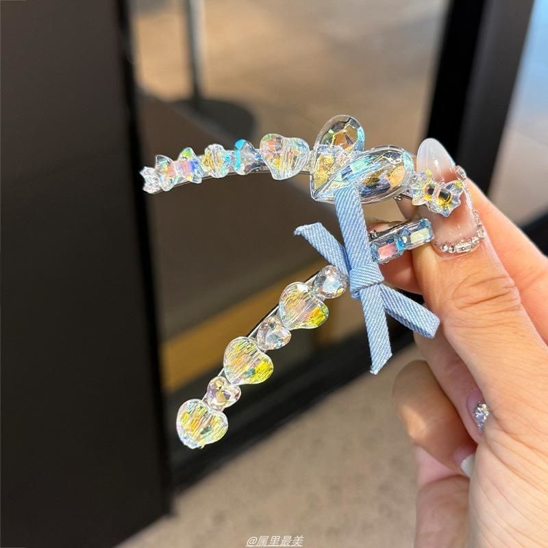 Faux Hair Clip Ribbon Crystal Heart