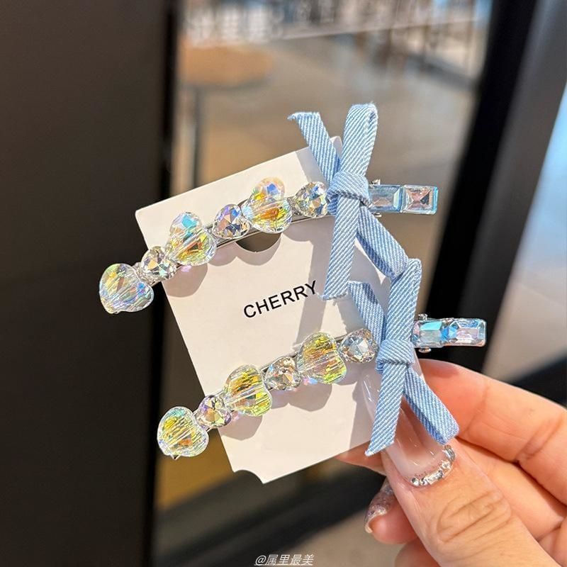 Faux Hair Clip Ribbon Crystal Heart