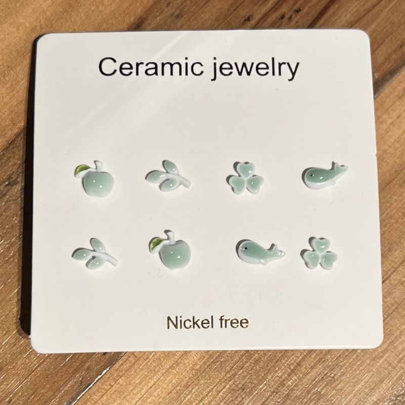 Ceramic Stud Earring Pairs: / Clover 4 Leaf Whale Apple