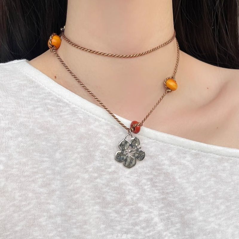 Floral Cord Pendant Necklace Gemstone Faux