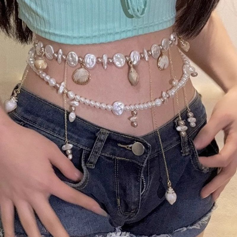 Alloy Chain Faux Disc Waist Pearl Shell