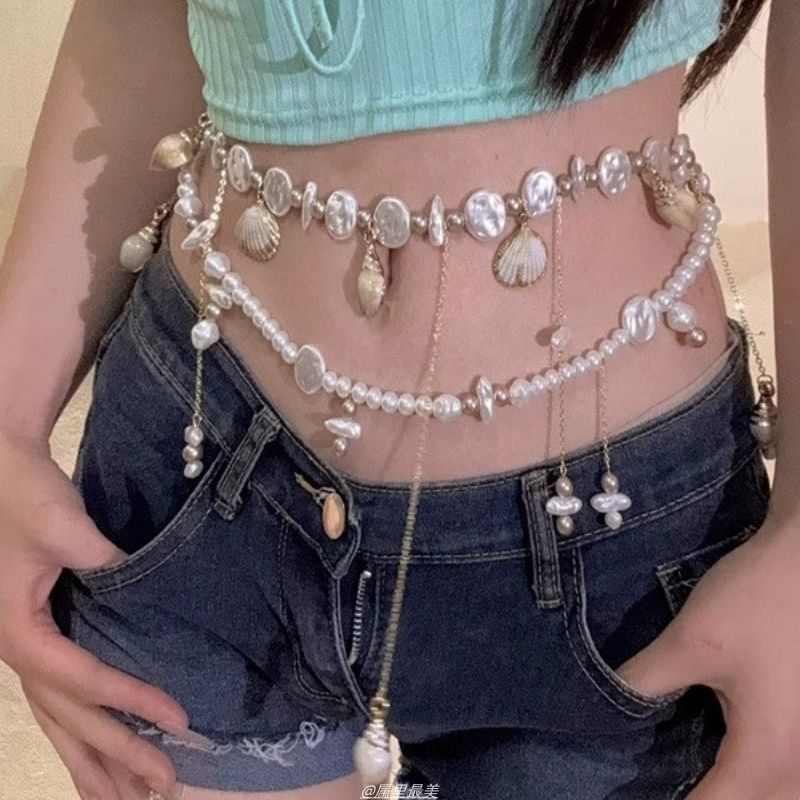 Alloy Chain Faux Disc Waist Pearl Shell