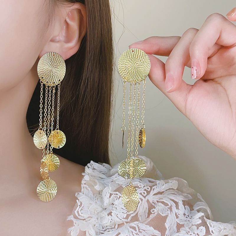 Alloy Textured Earring Chandelier Fringed Disc