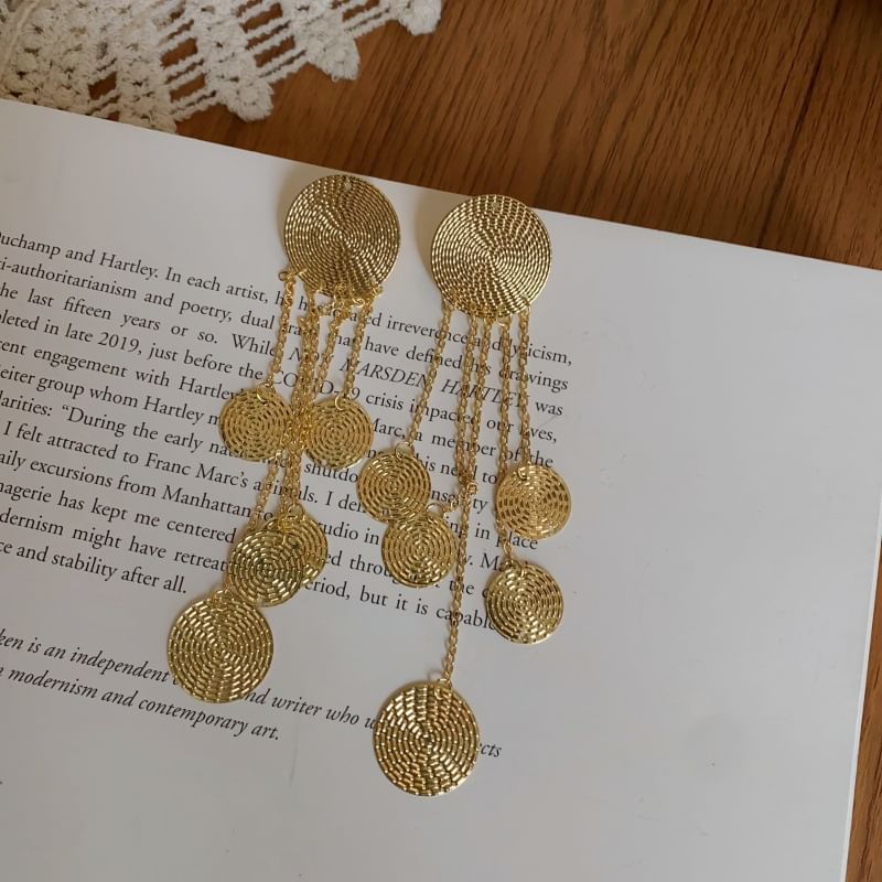 Alloy Textured Earring Chandelier Fringed Disc