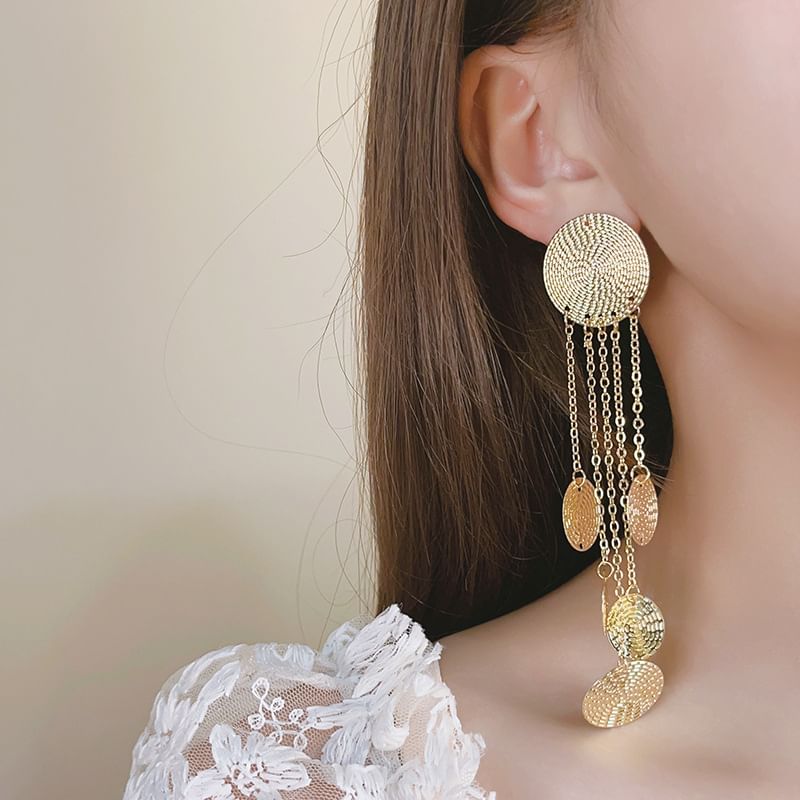 Alloy Textured Earring Chandelier Fringed Disc