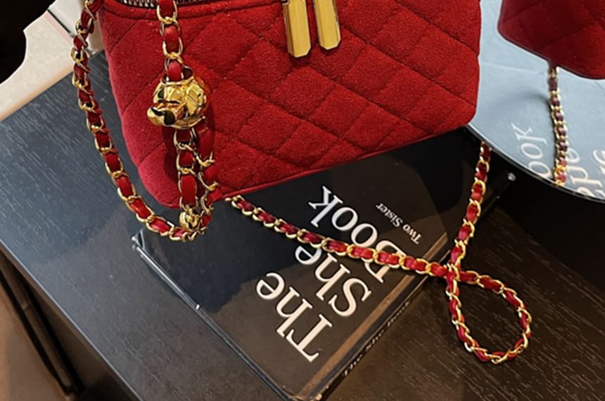 Leather Strap Quilted Crossbody Chain Faux Bag