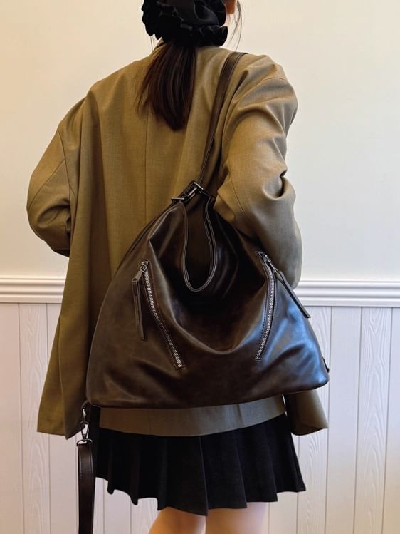 Leather Zip Backpack Tote Faux