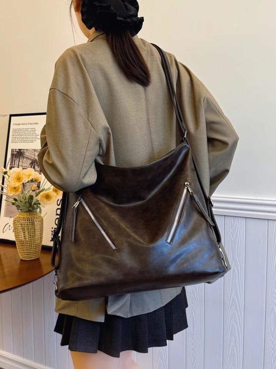 Leather Zip Backpack Tote Faux