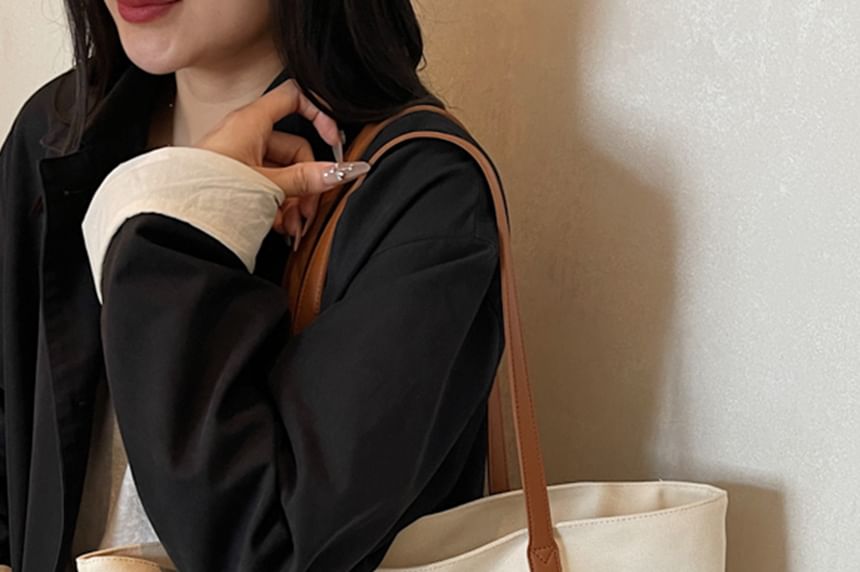 Embroidered Striped Canvas Lettering Tote Bag