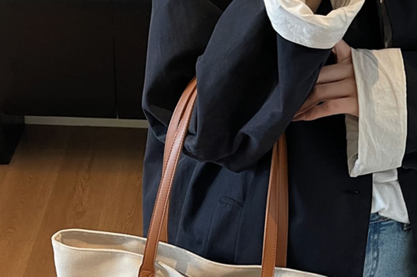 Embroidered Striped Canvas Lettering Tote Bag