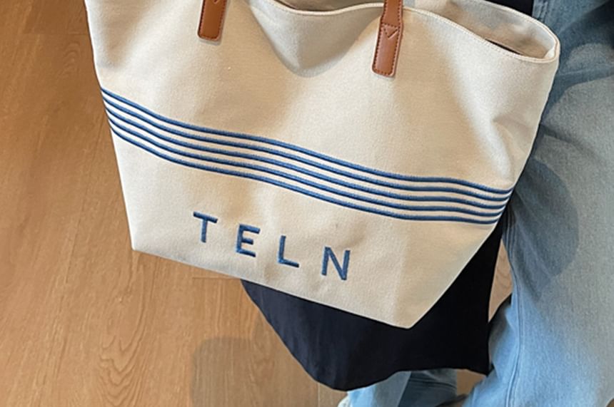 Embroidered Striped Canvas Lettering Tote Bag