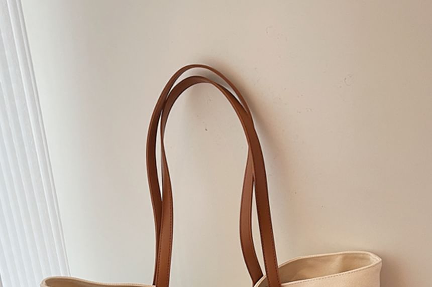 Embroidered Striped Canvas Lettering Tote Bag