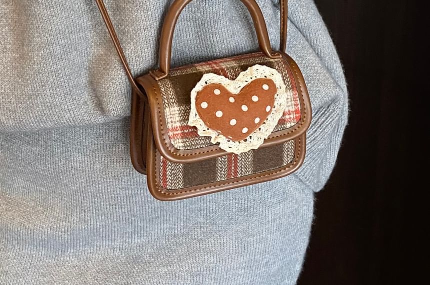 Bag Handle Heart Plaid Applique Crossbody Flap Top
