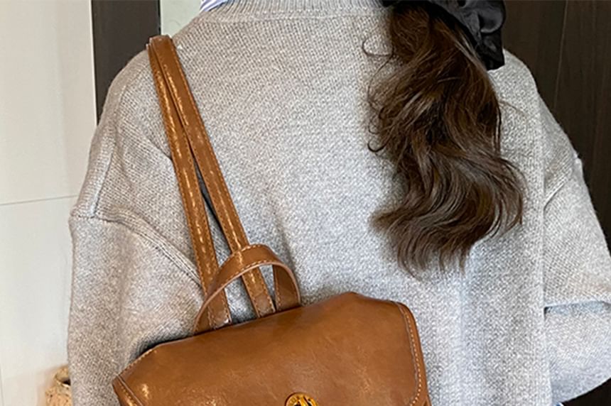 Buckle Backpack Faux Leather Flap