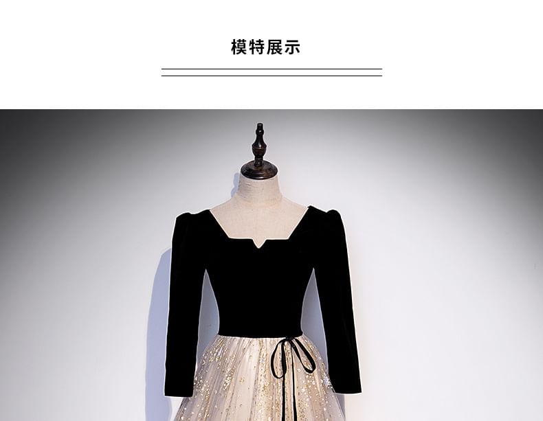 Neck Evening Mesh Panel / A-Line Gown Print Long-Sleeve Notch Short-Sleeve Star