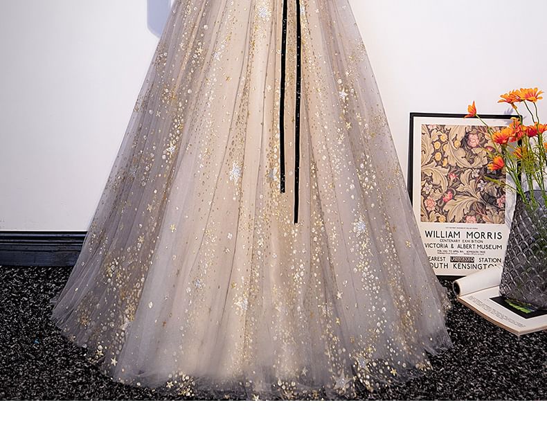 Neck Evening Mesh Panel / A-Line Gown Print Long-Sleeve Notch Short-Sleeve Star