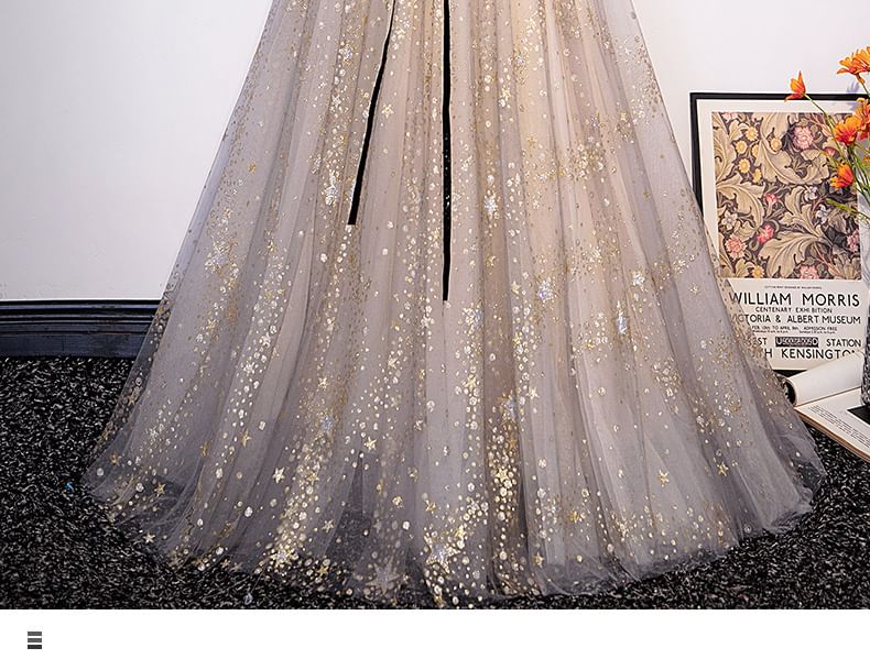 Neck Evening Mesh Panel / A-Line Gown Print Long-Sleeve Notch Short-Sleeve Star