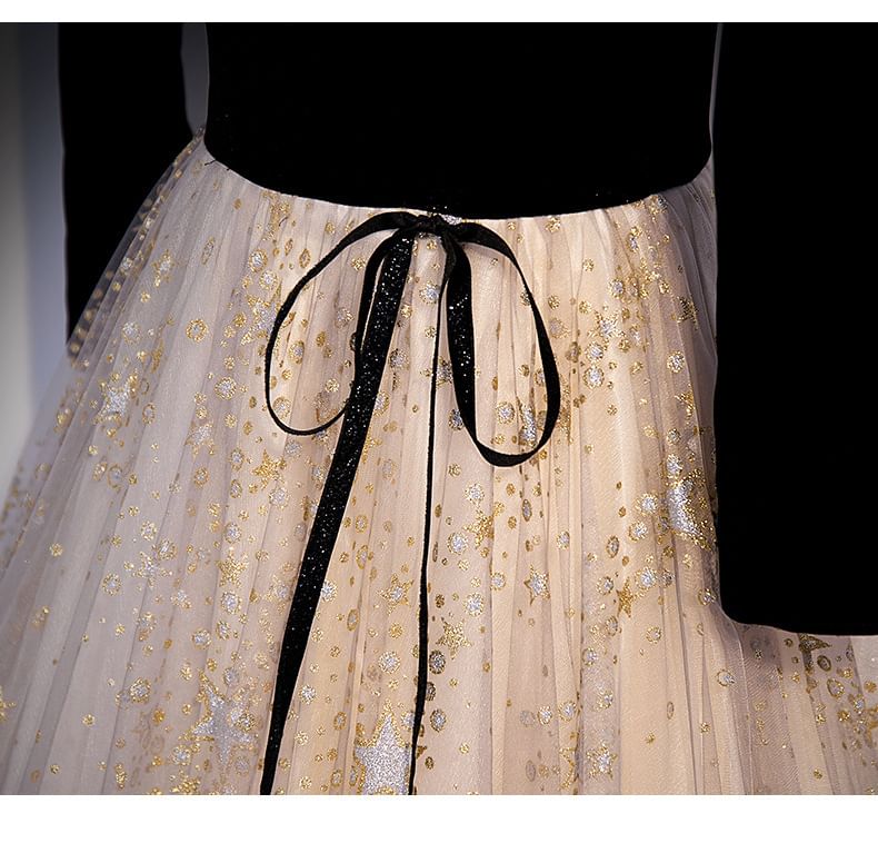 Neck Evening Mesh Panel / A-Line Gown Print Long-Sleeve Notch Short-Sleeve Star