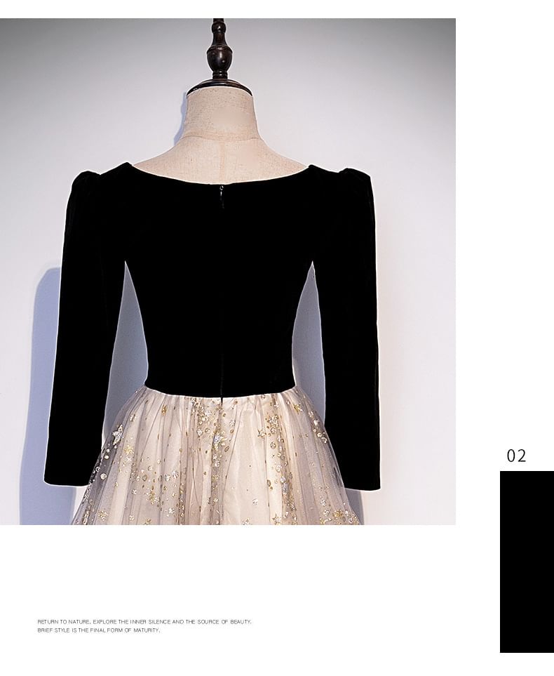 Neck Evening Mesh Panel / A-Line Gown Print Long-Sleeve Notch Short-Sleeve Star