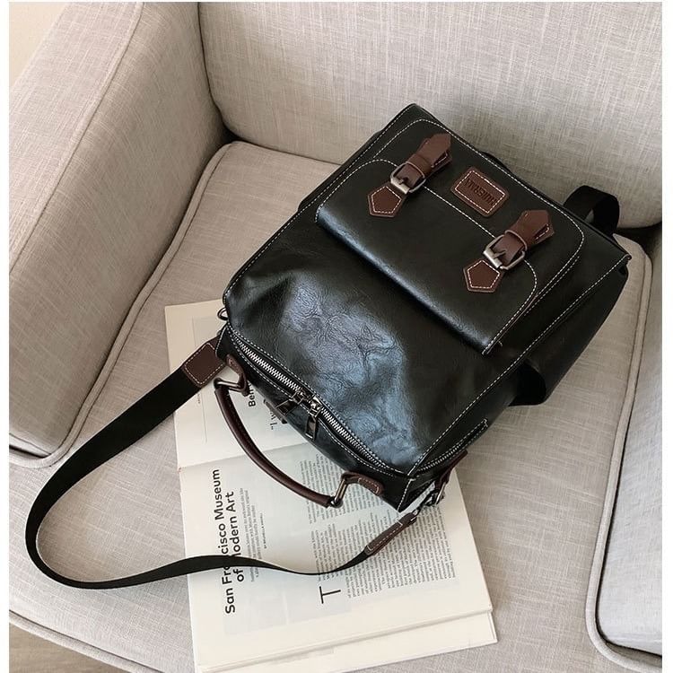 Backpack Faux Leather Buckled