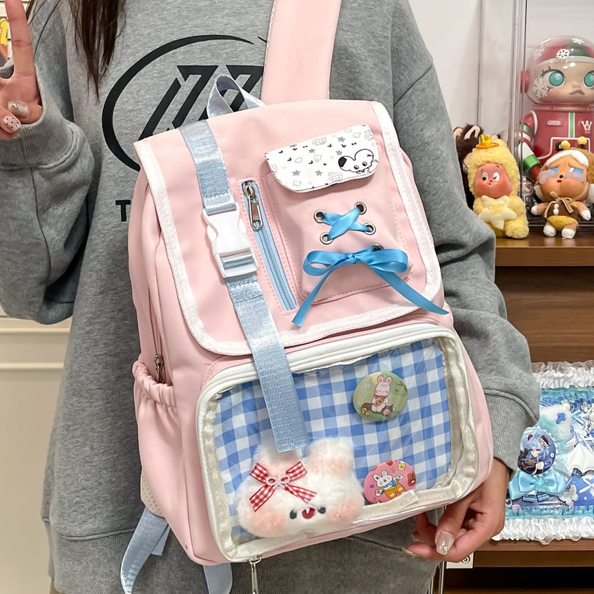 Ribbon Gingham Panel PVC Nylon Backpack Buckled