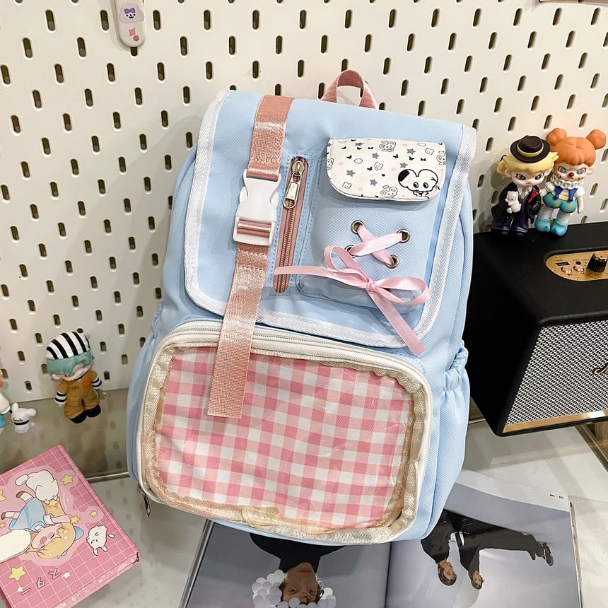 Ribbon Gingham Panel PVC Nylon Backpack Buckled