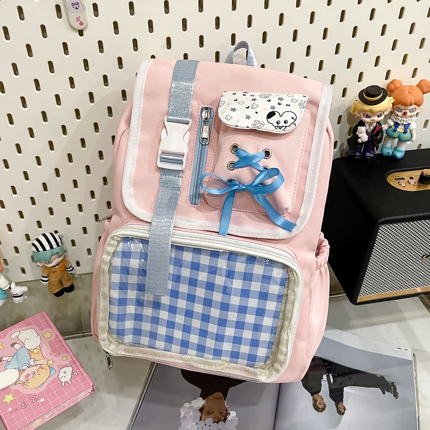 Ribbon Gingham Panel PVC Nylon Backpack Buckled