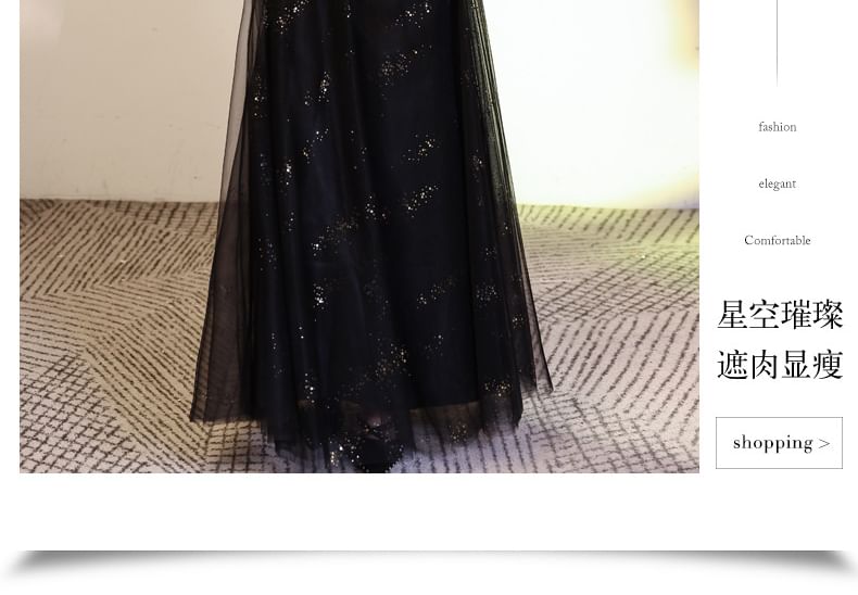 Lace Neck Panel A-Line Sequin Round Gown Sleeve Plain Mesh Cape Evening